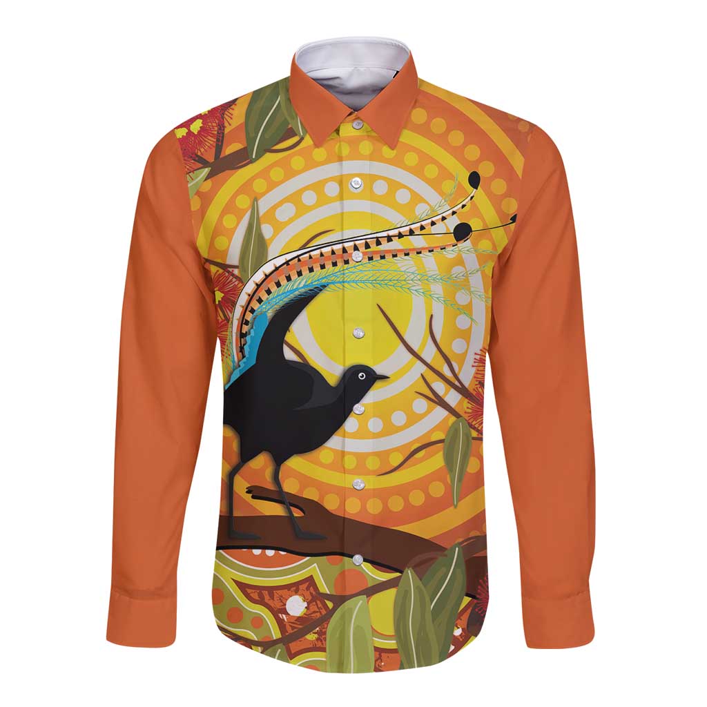 Australia Superb Lyrebird Long Sleeve Button Shirt Aboriginal Art