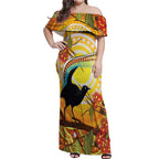 Australia Superb Lyrebird Off Shoulder Maxi Dress Aboriginal Art