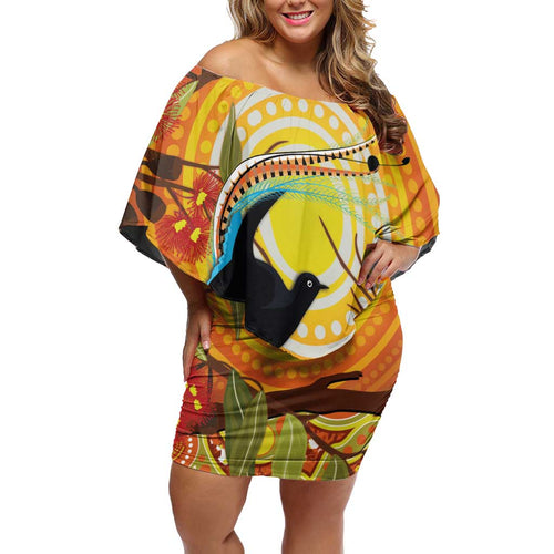 Australia Superb Lyrebird Off Shoulder Short Dress Aboriginal Art