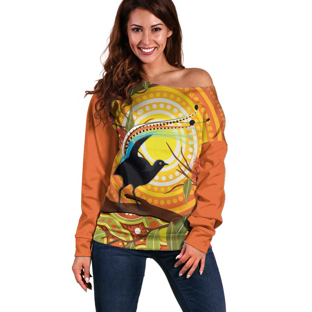 Australia Superb Lyrebird Off Shoulder Sweater Aboriginal Art