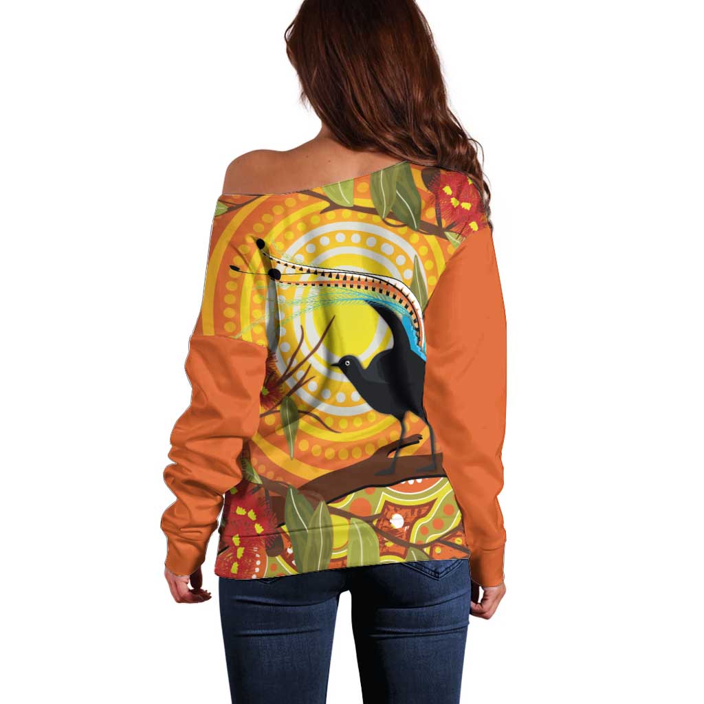 Australia Superb Lyrebird Off Shoulder Sweater Aboriginal Art