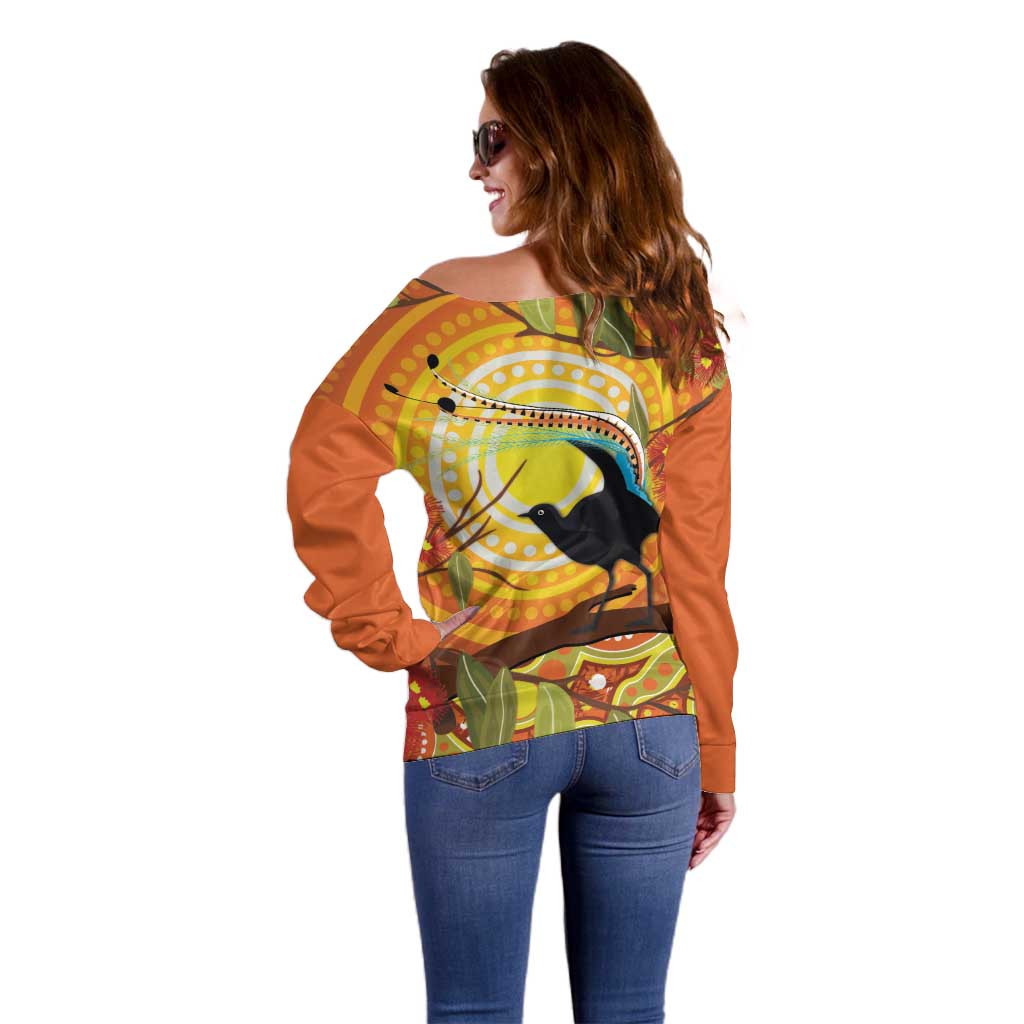 Australia Superb Lyrebird Off Shoulder Sweater Aboriginal Art