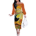 Australia Superb Lyrebird Off The Shoulder Long Sleeve Dress Aboriginal Art