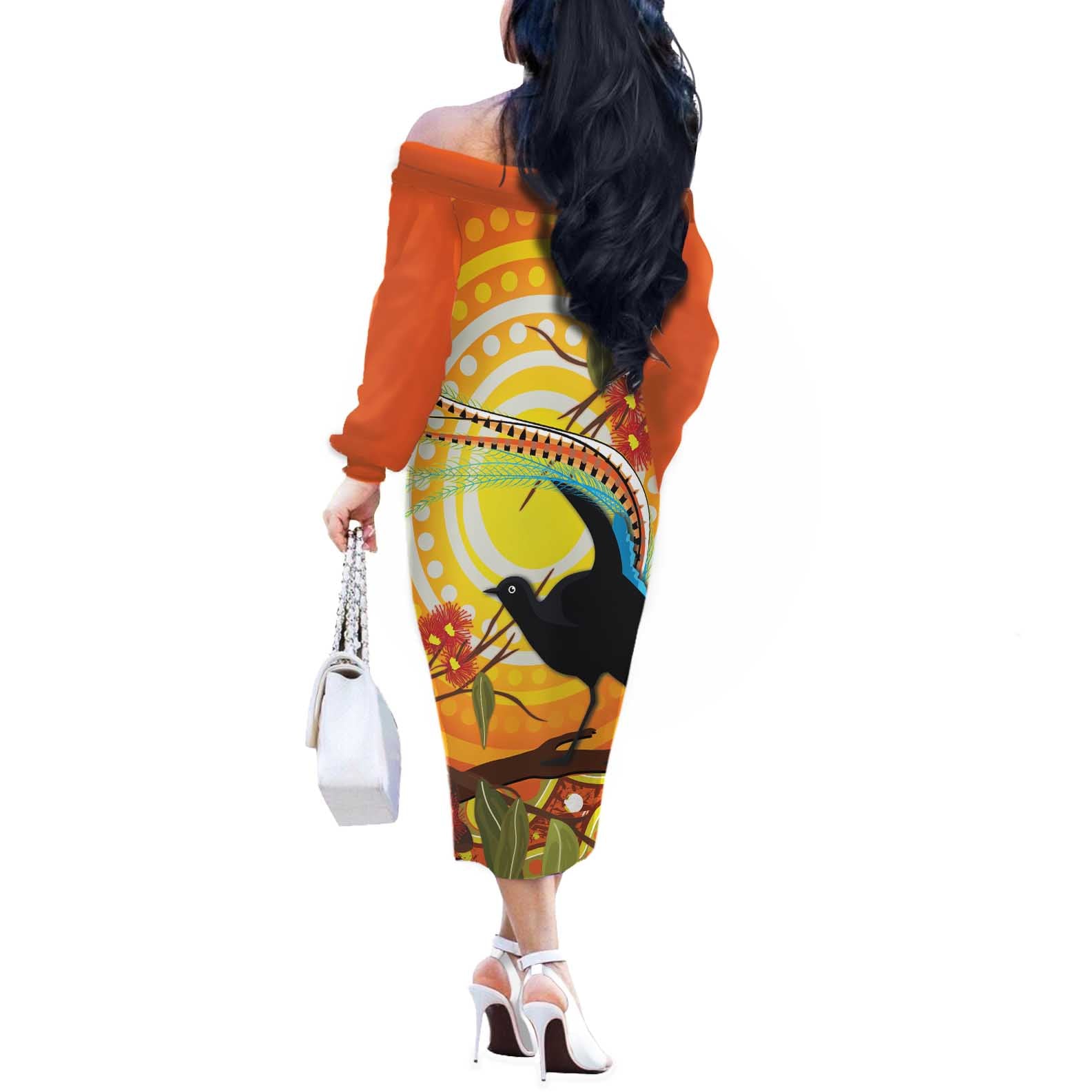 Australia Superb Lyrebird Off The Shoulder Long Sleeve Dress Aboriginal Art