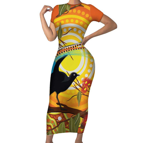 Australia Superb Lyrebird Short Sleeve Bodycon Dress Aboriginal Art