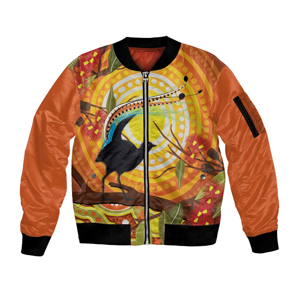 Australia Superb Lyrebird Sleeve Zip Bomber Jacket Aboriginal Art