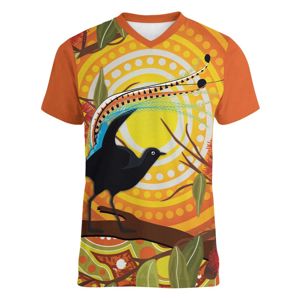 Australia Superb Lyrebird Women V-Neck T-Shirt Aboriginal Art