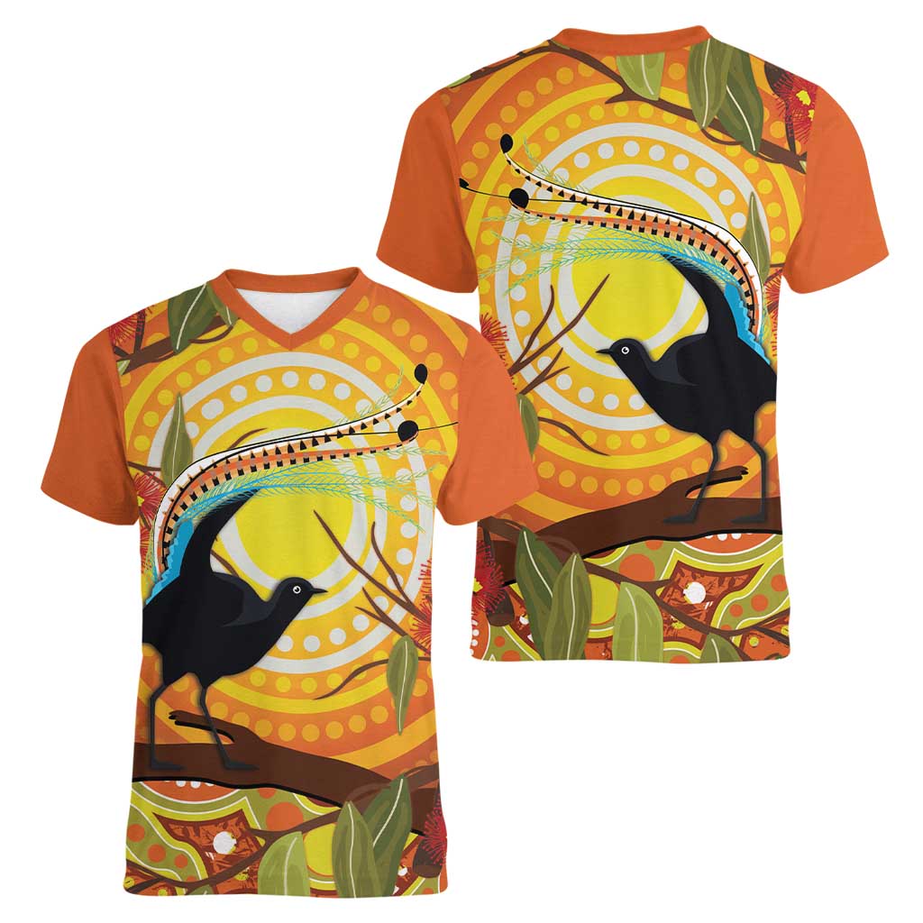 Australia Superb Lyrebird Women V-Neck T-Shirt Aboriginal Art