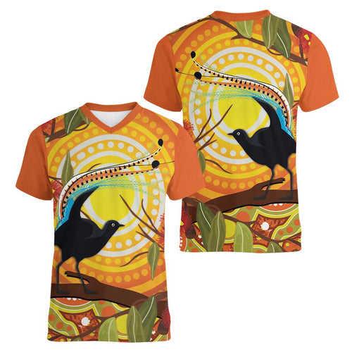 Australia Superb Lyrebird Women V-Neck T-Shirt Aboriginal Art