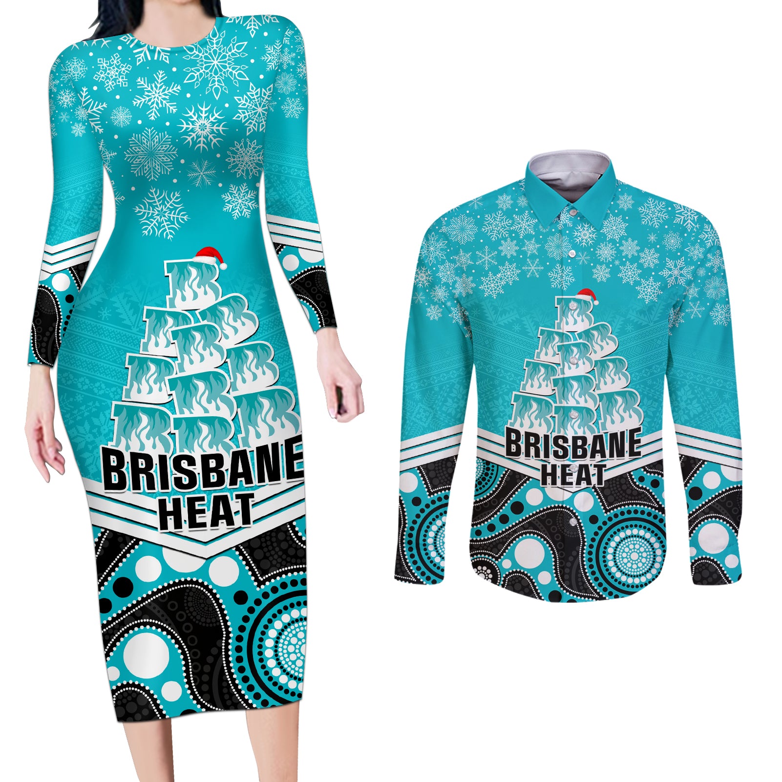 custom-brisbane-heat-cricket-christmas-couples-matching-long-sleeve-bodycon-dress-and-long-sleeve-button-shirt-merry-xmas-2023-indigenous-art