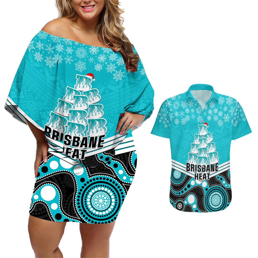 custom-brisbane-heat-cricket-christmas-couples-matching-off-shoulder-short-dress-and-hawaiian-shirt-merry-xmas-2023-indigenous-art