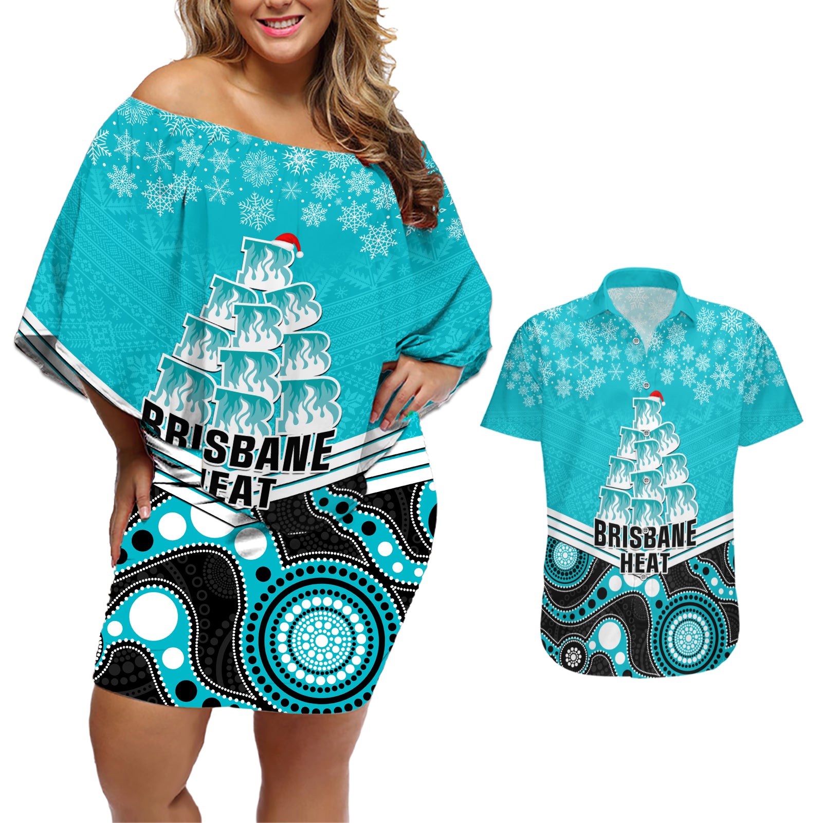 custom-brisbane-heat-cricket-christmas-couples-matching-off-shoulder-short-dress-and-hawaiian-shirt-merry-xmas-2023-indigenous-art
