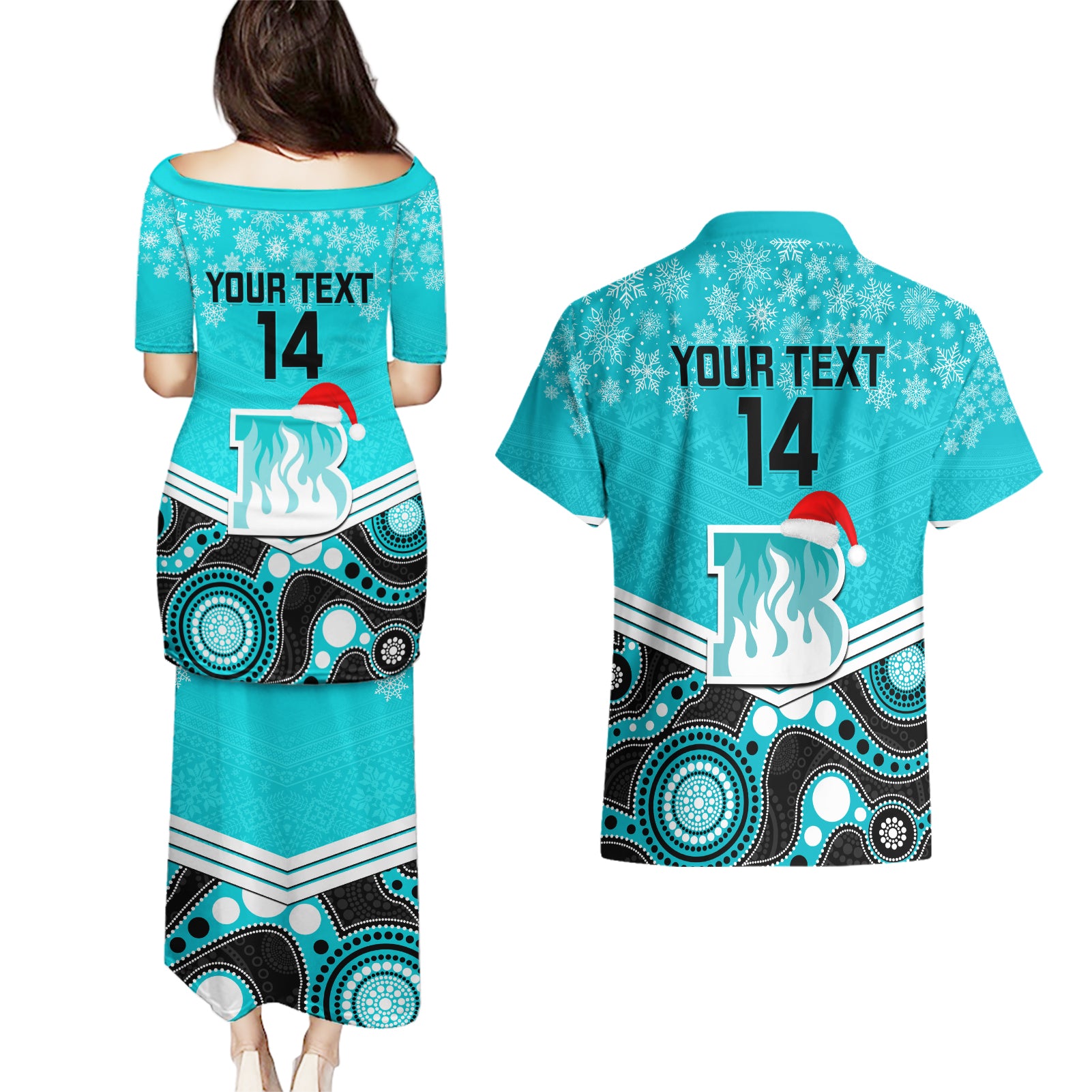 custom-brisbane-heat-cricket-christmas-couples-matching-puletasi-dress-and-hawaiian-shirt-merry-xmas-2023-indigenous-art