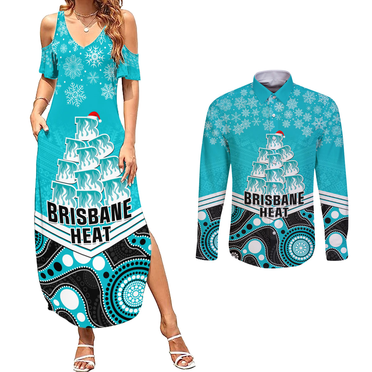 custom-brisbane-heat-cricket-christmas-couples-matching-summer-maxi-dress-and-long-sleeve-button-shirt-merry-xmas-2023-indigenous-art
