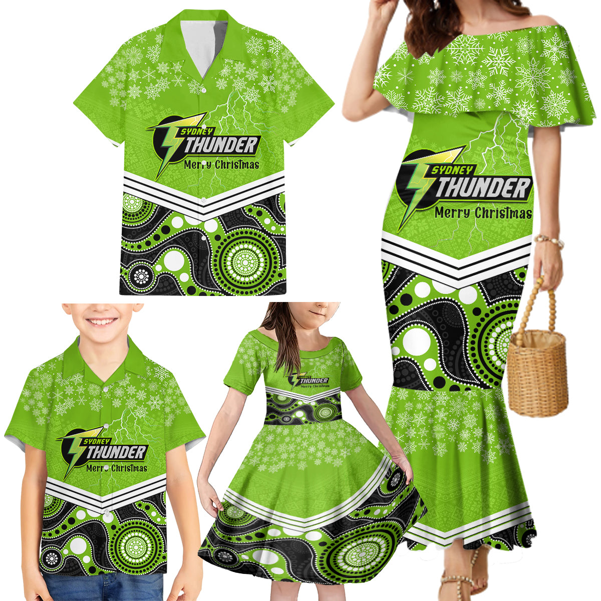 custom-thunder-cricket-christmas-family-matching-mermaid-dress-and-hawaiian-shirt-merry-xmas-2023-indigenous-art
