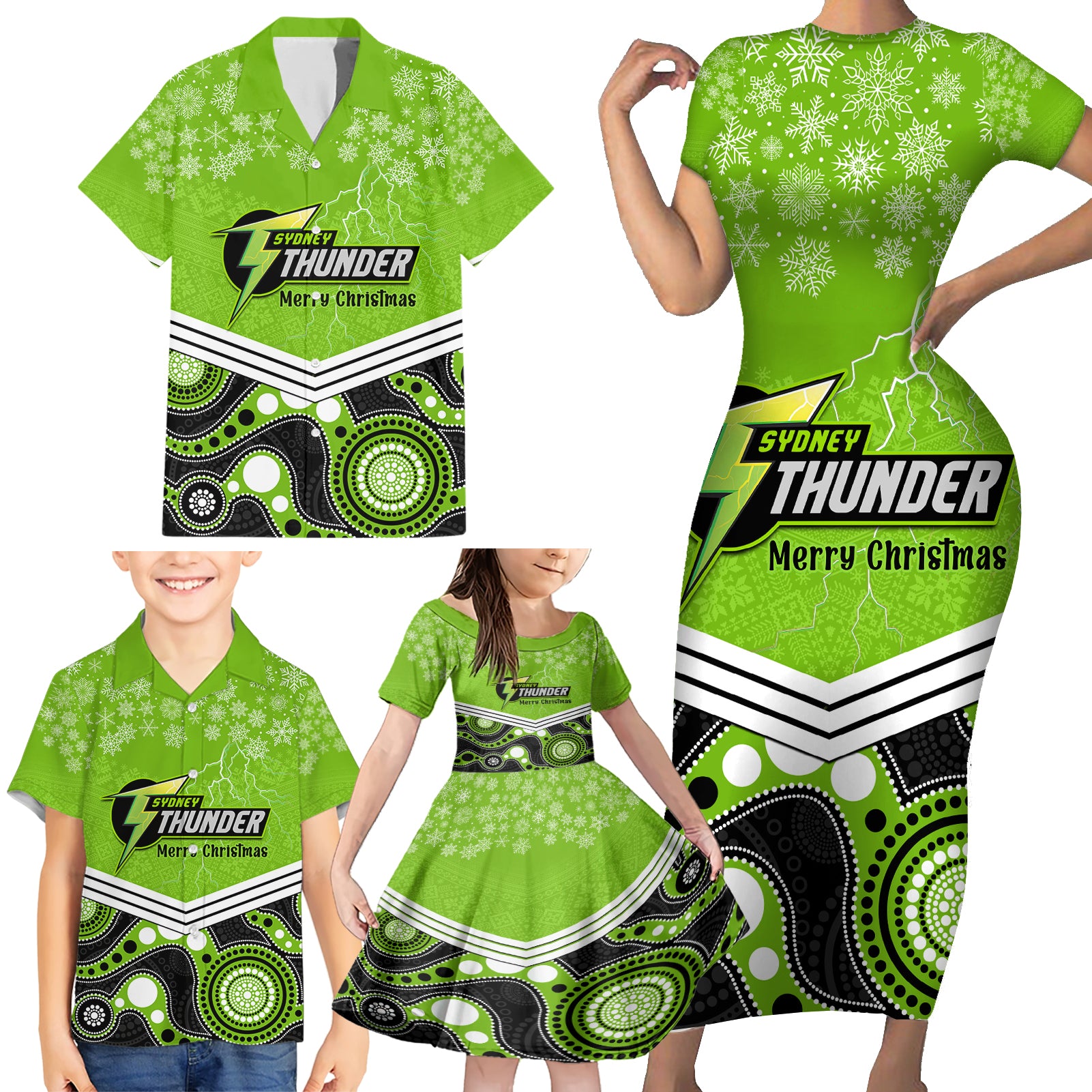 custom-thunder-cricket-christmas-family-matching-short-sleeve-bodycon-dress-and-hawaiian-shirt-merry-xmas-2023-indigenous-art