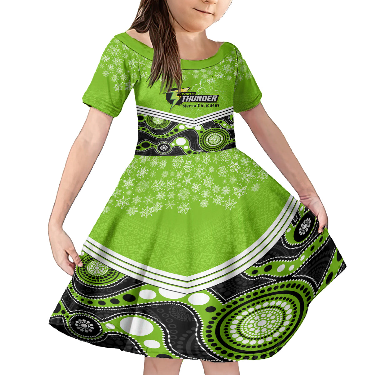 custom-thunder-cricket-christmas-kid-short-sleeve-dress-merry-xmas-2023-indigenous-art