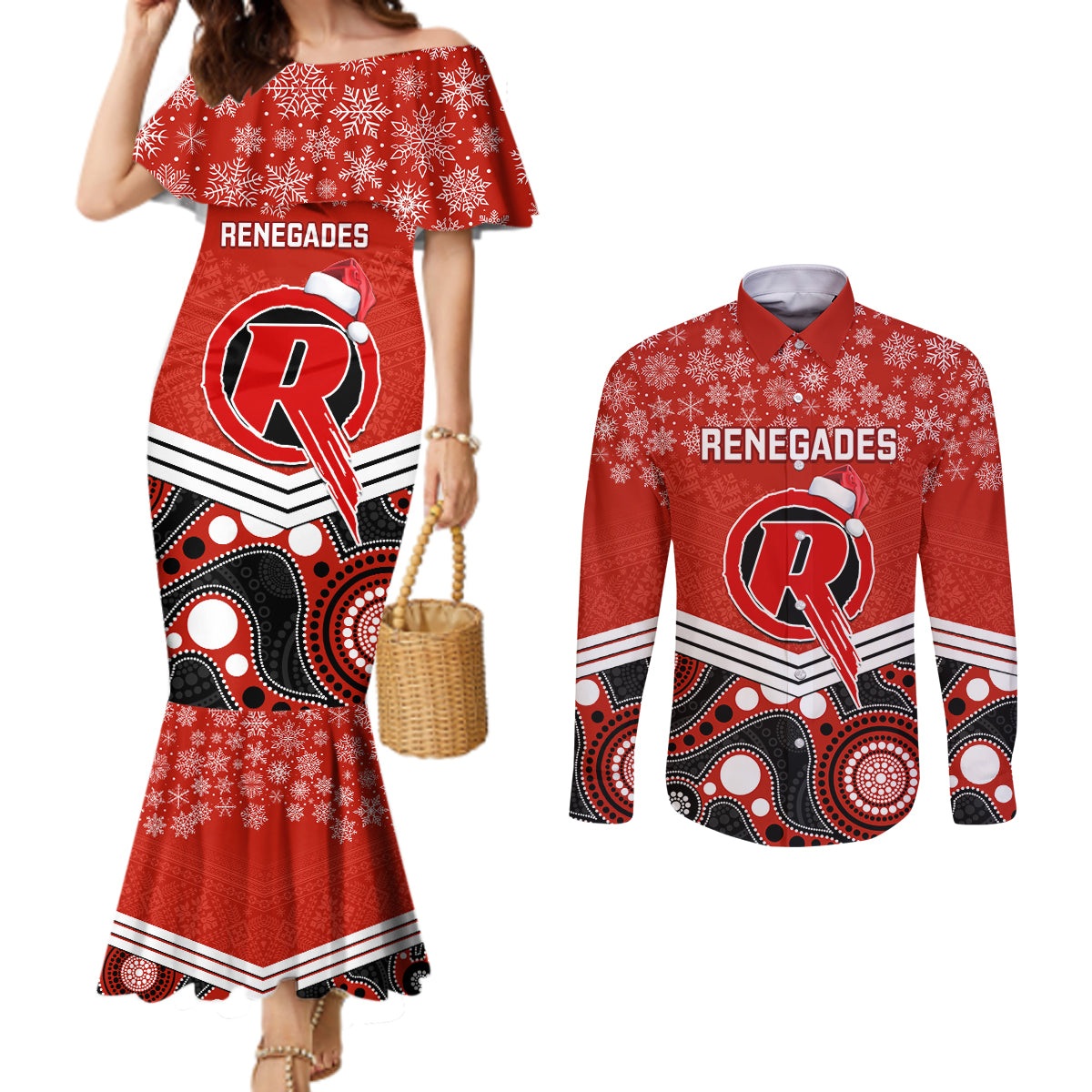 custom-melbourne-renegades-cricket-christmas-couples-matching-mermaid-dress-and-long-sleeve-button-shirt-merry-xmas-2023-indigenous-art