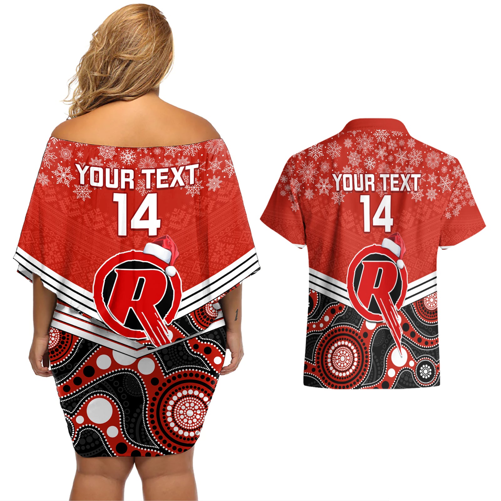 custom-melbourne-renegades-cricket-christmas-couples-matching-off-shoulder-short-dress-and-hawaiian-shirt-merry-xmas-2023-indigenous-art