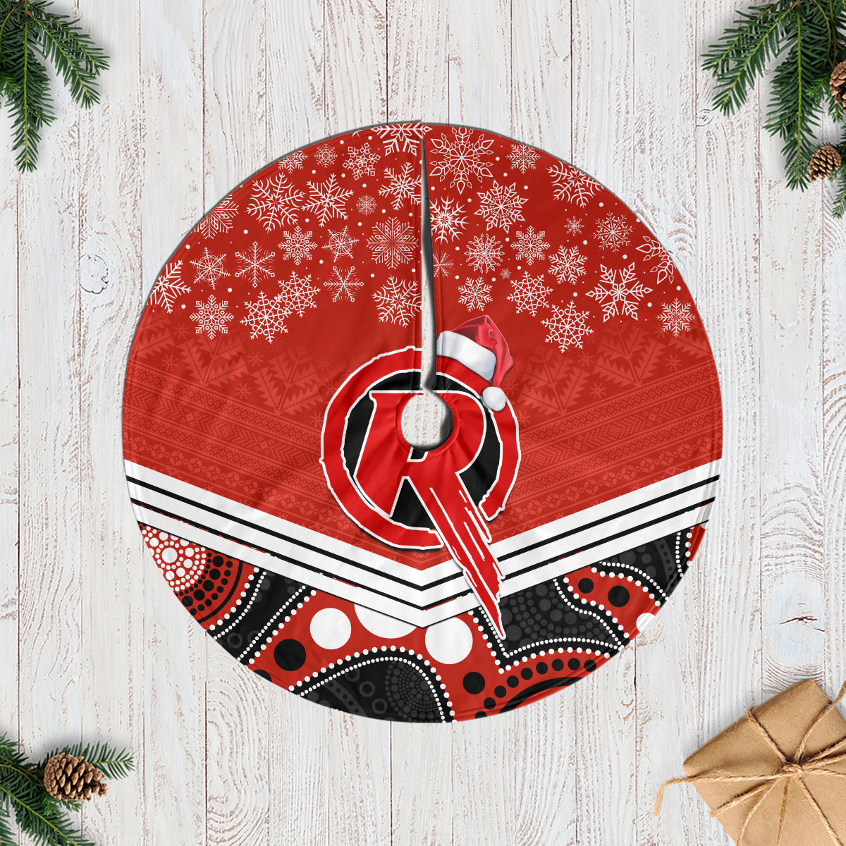 melbourne-renegades-cricket-christmas-tree-skirt-merry-xmas-2023-indigenous-art
