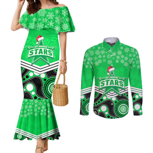 custom-melbourne-stars-cricket-christmas-couples-matching-mermaid-dress-and-long-sleeve-button-shirt-merry-xmas-2023-indigenous-art