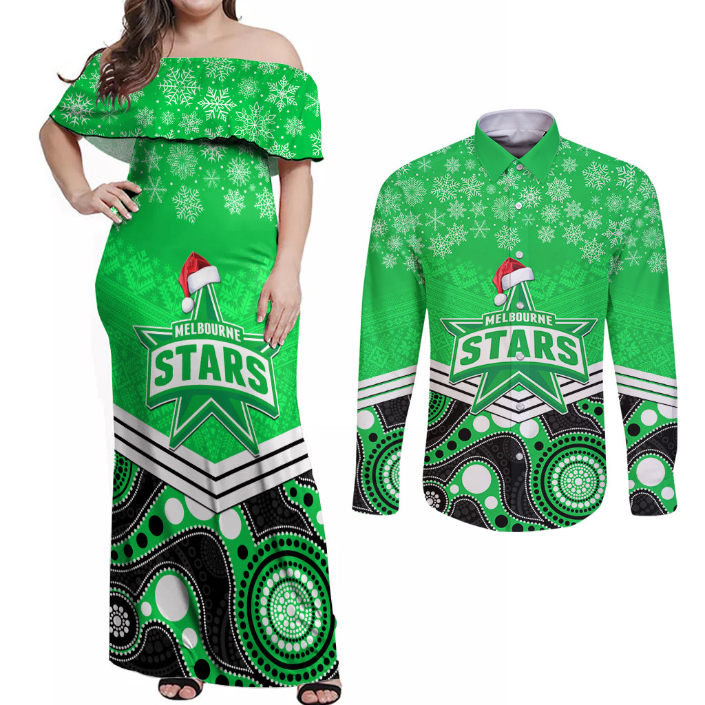 custom-melbourne-stars-cricket-christmas-couples-matching-off-shoulder-maxi-dress-and-long-sleeve-button-shirt-merry-xmas-2023-indigenous-art