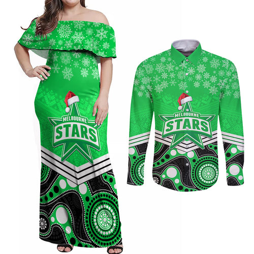 custom-melbourne-stars-cricket-christmas-couples-matching-off-shoulder-maxi-dress-and-long-sleeve-button-shirt-merry-xmas-2023-indigenous-art