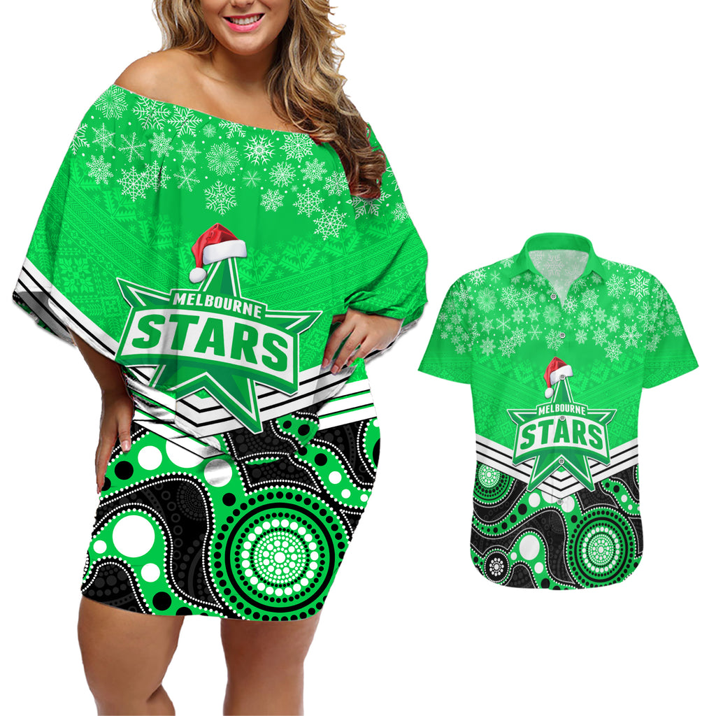custom-melbourne-stars-cricket-christmas-couples-matching-off-shoulder-short-dress-and-hawaiian-shirt-merry-xmas-2023-indigenous-art