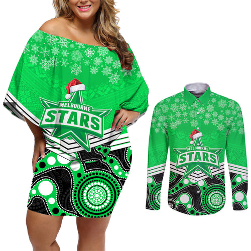 custom-melbourne-stars-cricket-christmas-couples-matching-off-shoulder-short-dress-and-long-sleeve-button-shirt-merry-xmas-2023-indigenous-art