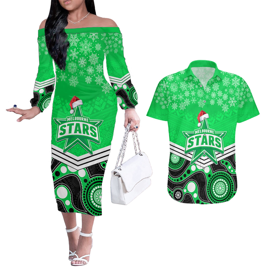custom-melbourne-stars-cricket-christmas-couples-matching-off-the-shoulder-long-sleeve-dress-and-hawaiian-shirt-merry-xmas-2023-indigenous-art