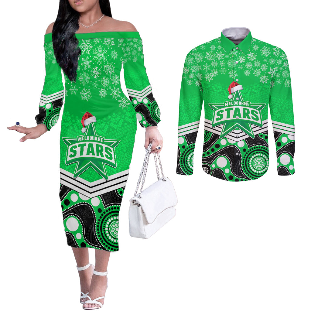 custom-melbourne-stars-cricket-christmas-couples-matching-off-the-shoulder-long-sleeve-dress-and-long-sleeve-button-shirt-merry-xmas-2023-indigenous-art