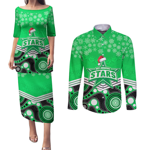custom-melbourne-stars-cricket-christmas-couples-matching-puletasi-dress-and-long-sleeve-button-shirt-merry-xmas-2023-indigenous-art