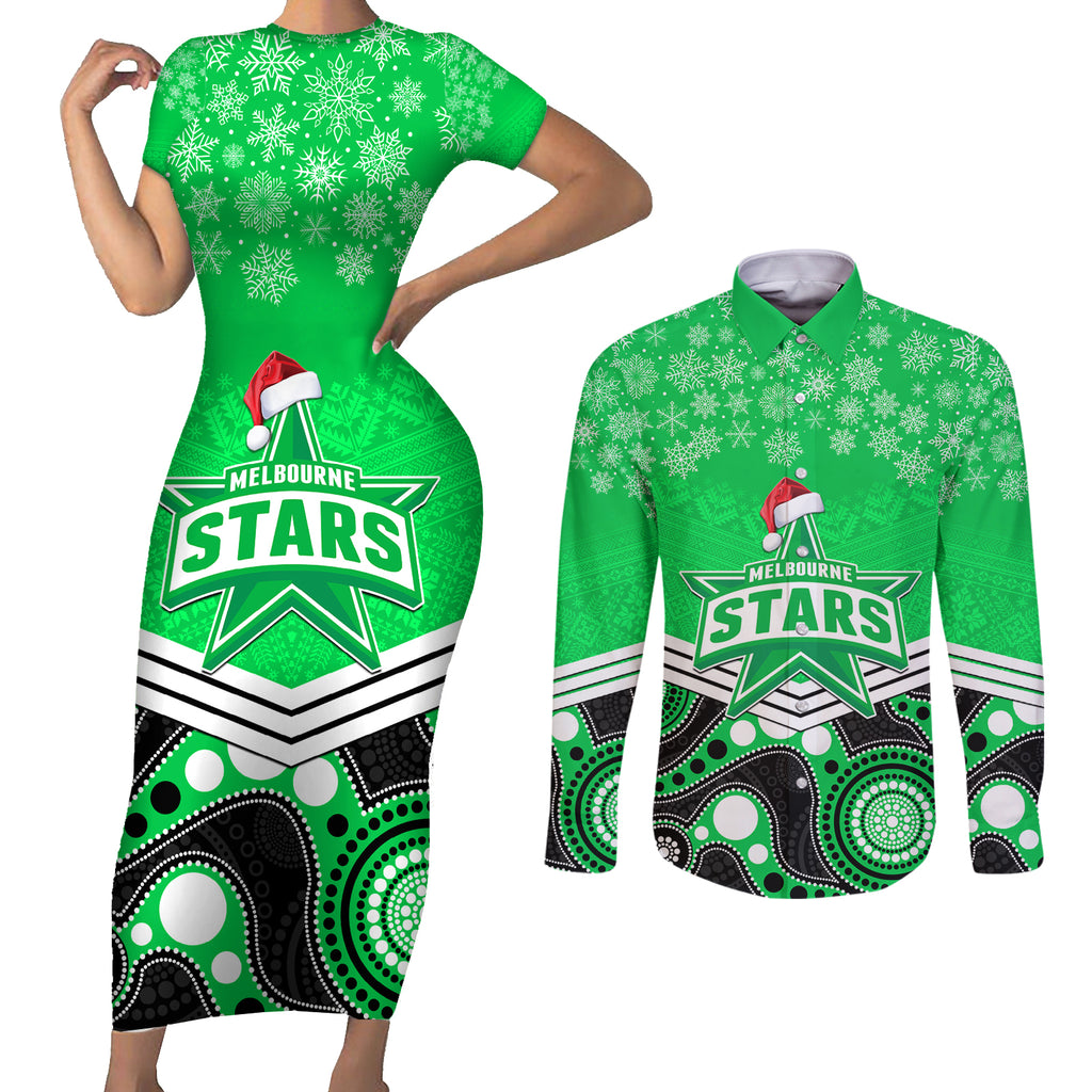 custom-melbourne-stars-cricket-christmas-couples-matching-short-sleeve-bodycon-dress-and-long-sleeve-button-shirt-merry-xmas-2023-indigenous-art