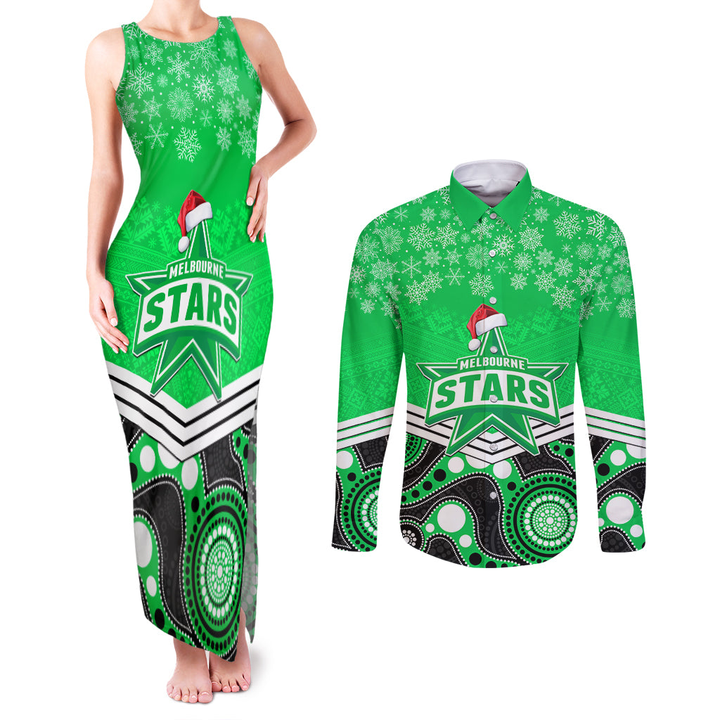 custom-melbourne-stars-cricket-christmas-couples-matching-tank-maxi-dress-and-long-sleeve-button-shirt-merry-xmas-2023-indigenous-art