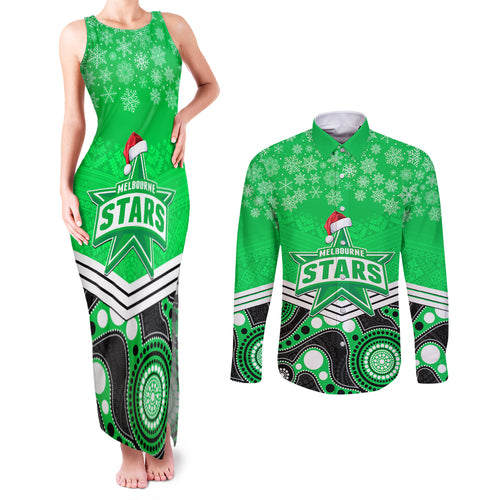 custom-melbourne-stars-cricket-christmas-couples-matching-tank-maxi-dress-and-long-sleeve-button-shirt-merry-xmas-2023-indigenous-art