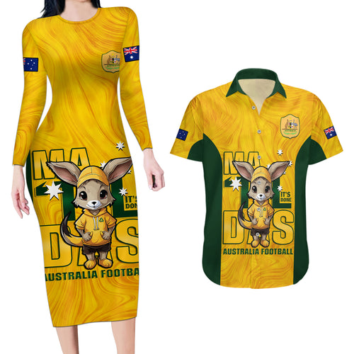 custom-matildas-couples-matching-long-sleeve-bodycon-dress-and-hawaiian-shirt-australian-cute-mascot-unique-gold-version