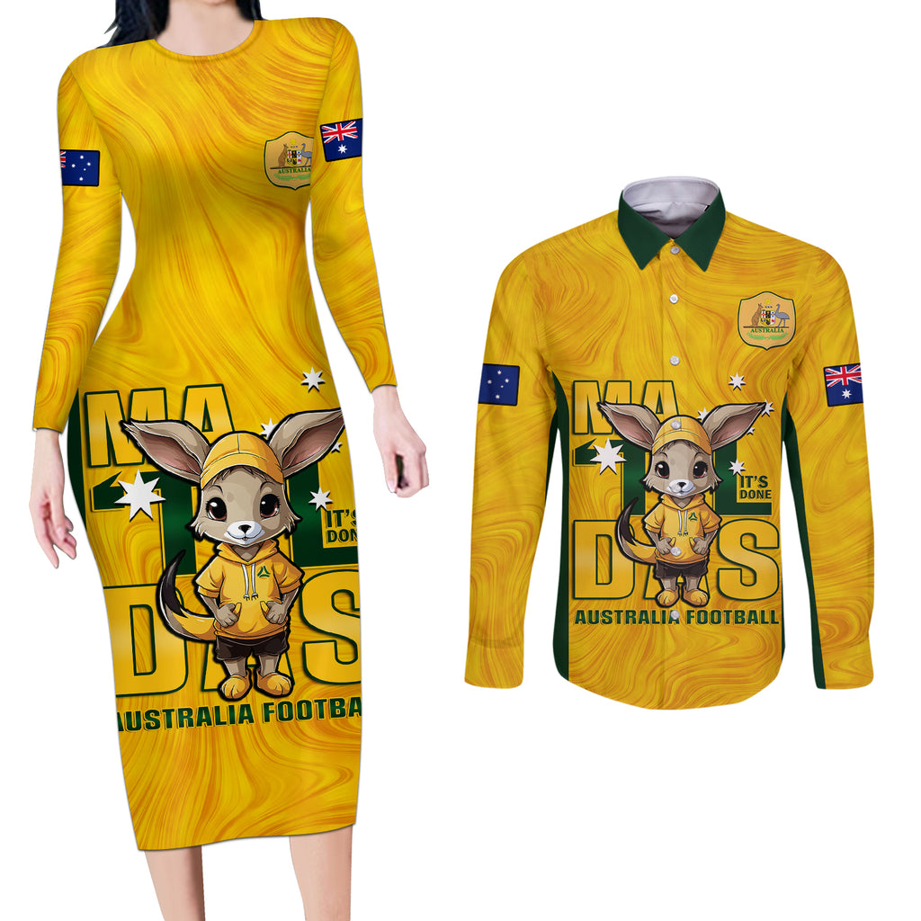 custom-matildas-couples-matching-long-sleeve-bodycon-dress-and-long-sleeve-button-shirt-australian-cute-mascot-unique-gold-version