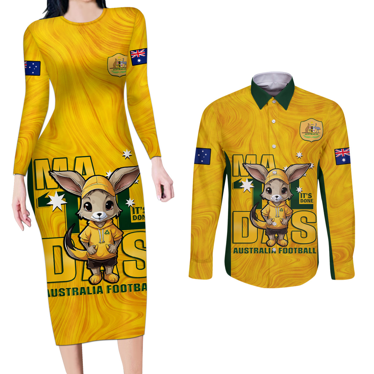 custom-matildas-couples-matching-long-sleeve-bodycon-dress-and-long-sleeve-button-shirt-australian-cute-mascot-unique-gold-version