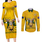 custom-matildas-couples-matching-long-sleeve-bodycon-dress-and-long-sleeve-button-shirt-australian-cute-mascot-unique-gold-version