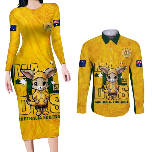 custom-matildas-couples-matching-long-sleeve-bodycon-dress-and-long-sleeve-button-shirt-australian-cute-mascot-unique-gold-version