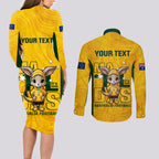 custom-matildas-couples-matching-long-sleeve-bodycon-dress-and-long-sleeve-button-shirt-australian-cute-mascot-unique-gold-version
