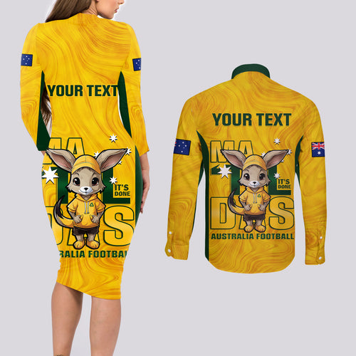 custom-matildas-couples-matching-long-sleeve-bodycon-dress-and-long-sleeve-button-shirt-australian-cute-mascot-unique-gold-version