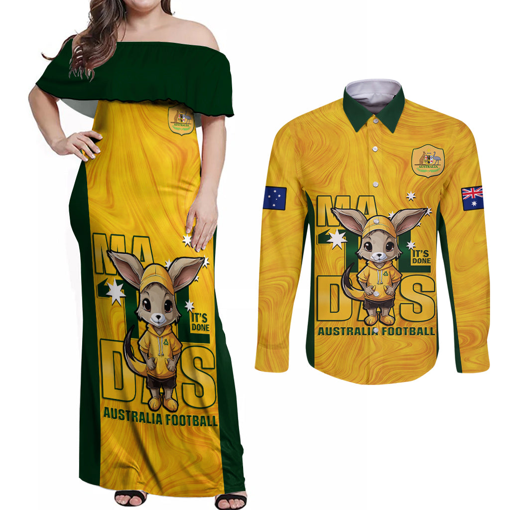 custom-matildas-couples-matching-off-shoulder-maxi-dress-and-long-sleeve-button-shirt-australian-cute-mascot-unique-gold-version
