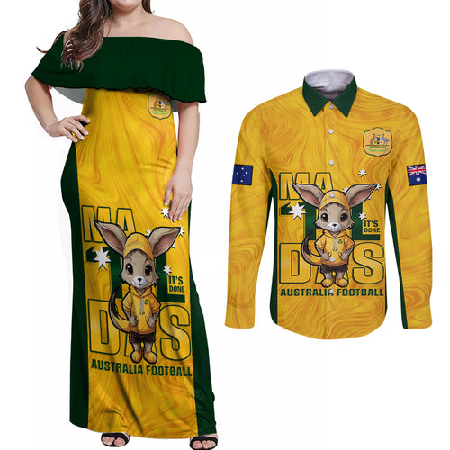 custom-matildas-couples-matching-off-shoulder-maxi-dress-and-long-sleeve-button-shirt-australian-cute-mascot-unique-gold-version
