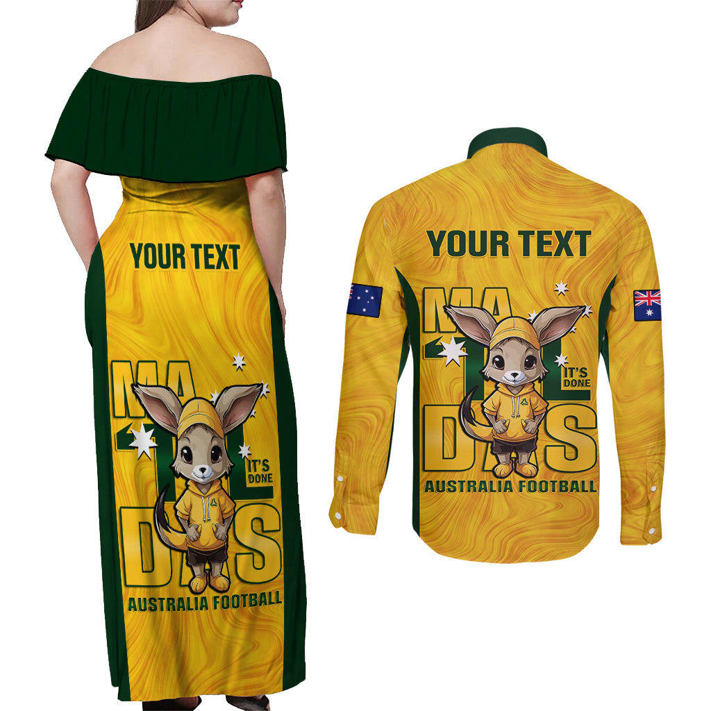 custom-matildas-couples-matching-off-shoulder-maxi-dress-and-long-sleeve-button-shirt-australian-cute-mascot-unique-gold-version
