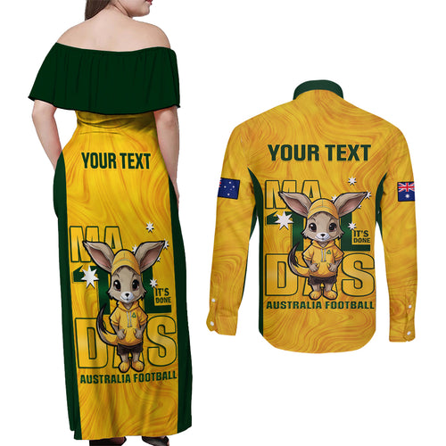 custom-matildas-couples-matching-off-shoulder-maxi-dress-and-long-sleeve-button-shirt-australian-cute-mascot-unique-gold-version
