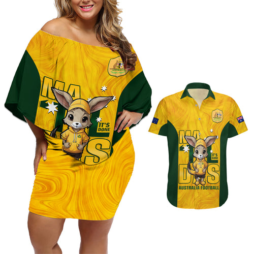 custom-matildas-couples-matching-off-shoulder-short-dress-and-hawaiian-shirt-australian-cute-mascot-unique-gold-version