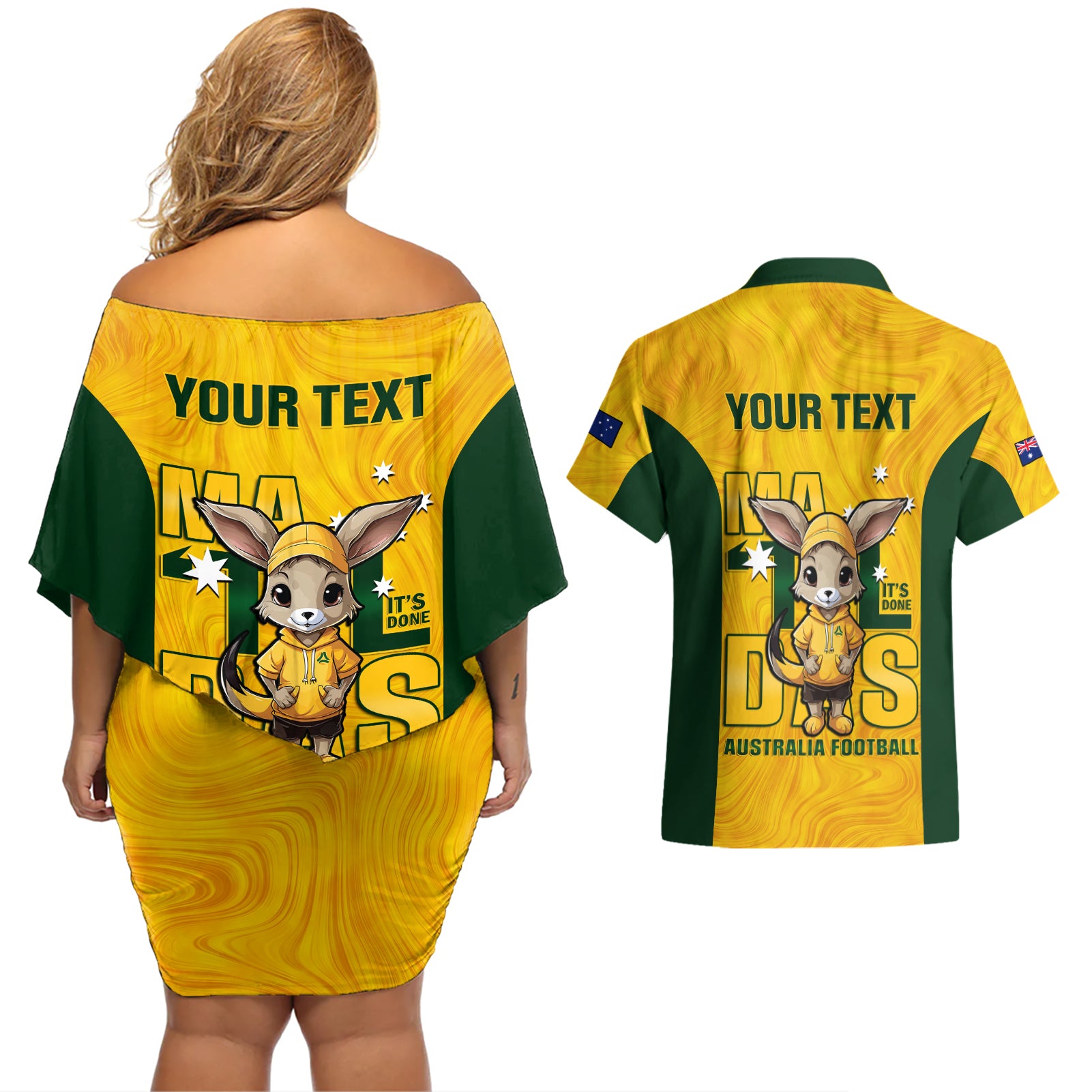 custom-matildas-couples-matching-off-shoulder-short-dress-and-hawaiian-shirt-australian-cute-mascot-unique-gold-version