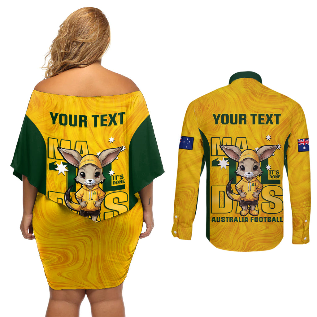 custom-matildas-couples-matching-off-shoulder-short-dress-and-long-sleeve-button-shirt-australian-cute-mascot-unique-gold-version
