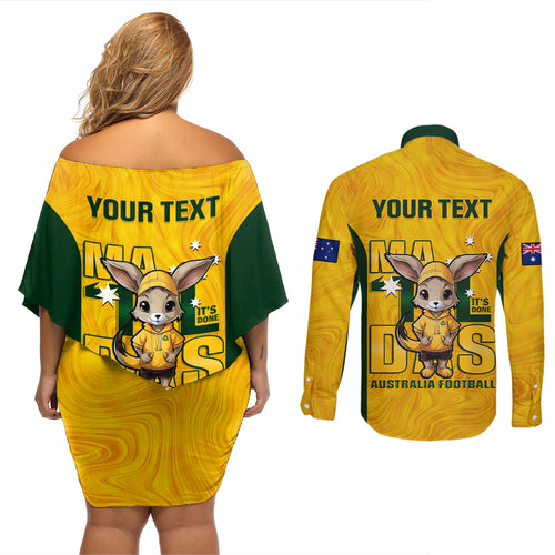 custom-matildas-couples-matching-off-shoulder-short-dress-and-long-sleeve-button-shirt-australian-cute-mascot-unique-gold-version